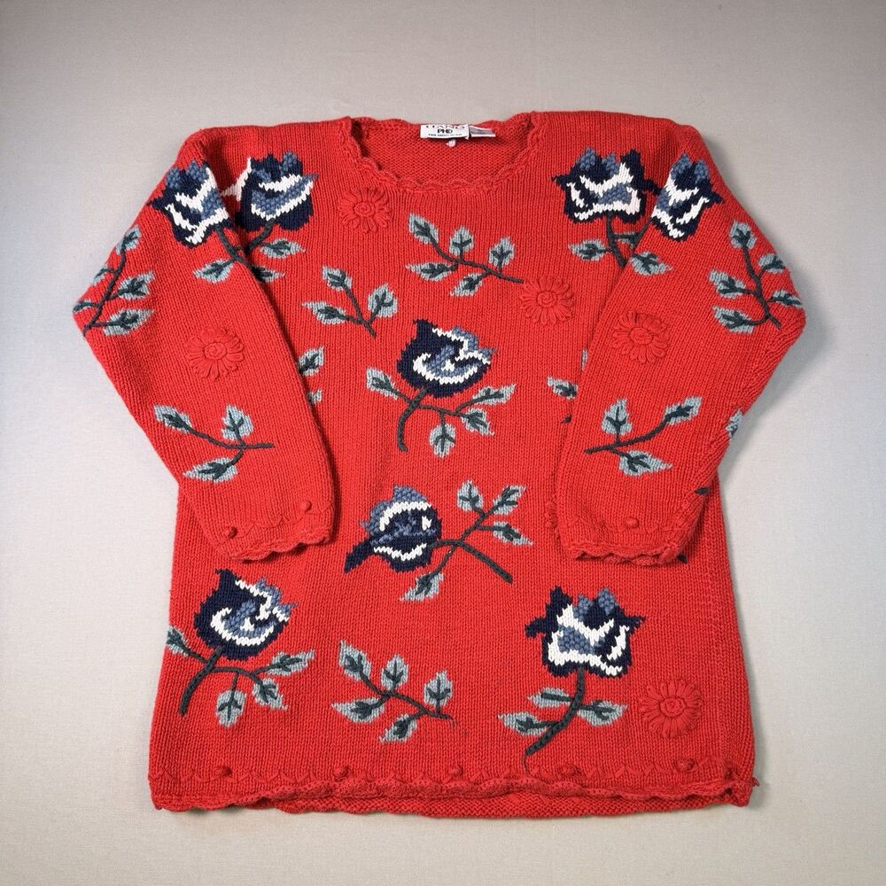 Paul Harris PHD Knitted By Hand Sweater Pullover Floral Red Black Tunic Sz Med